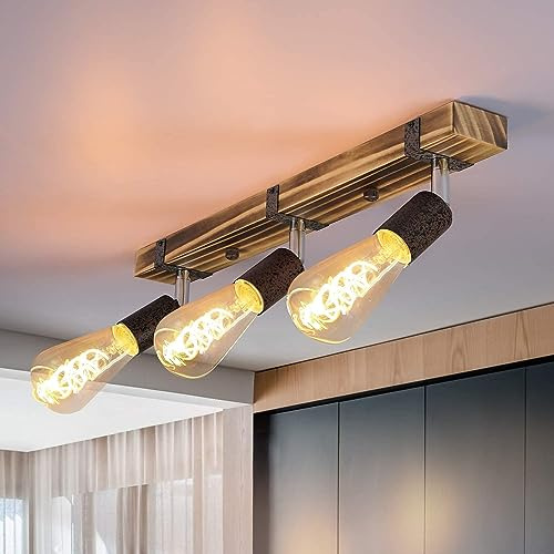 GBLY Vintage Deckenleuchte Holz Deckenspots Retro Deckenstrahler 55CM mit | verstellbaren Strahlern, 3xE27 Warmweiß, Schwenkbar Deckenlampe für Flur Küche Esszimmer Wohnzimmer Bar, 3x E27 4W 2200K