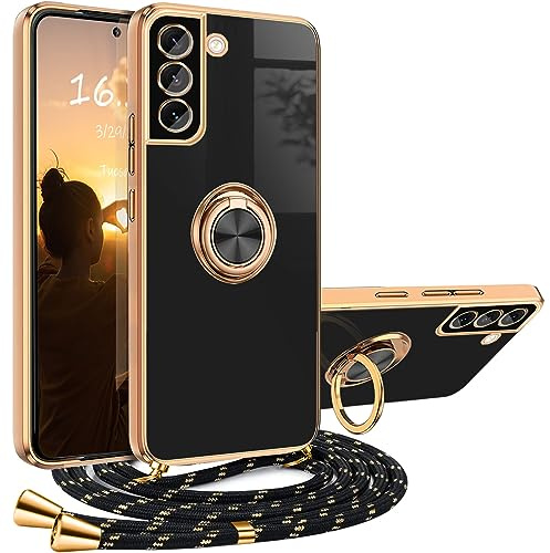 XCYYOO Hülle kompatibel mit Samsung Galaxy S21 FE Hülle mit Band mit 360 Grad Ring Ständer Luxuriös Galvanisierte Kratzfest Schutzhülle Silikon Bumper Stoßfest Case Dünn Handykette