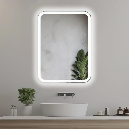 Home Glow 50x70cm Vertikaler Badezimmerspiegel mit LED Beleuchtung, Beleuchteter Badspiegel mit Touch Schalter, Abgerundete Ecken, Rechteckiger LED Badezimmerspiegel mit naturweißer LED Frontleuchte.