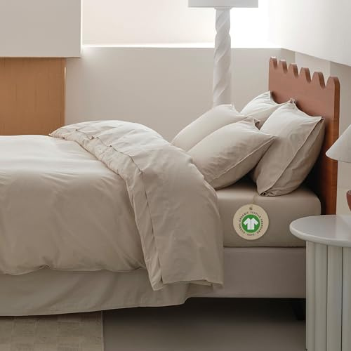 Double Stitch Queen Size Sheet Set,4PCS Soft & Breathable Cotton Organic Cotton Queen Sheet Set,Luxury 300 TC Sateen Weave Bed Sheets for All Season,100% GOTS Certified Long Staple Cotton, Linen