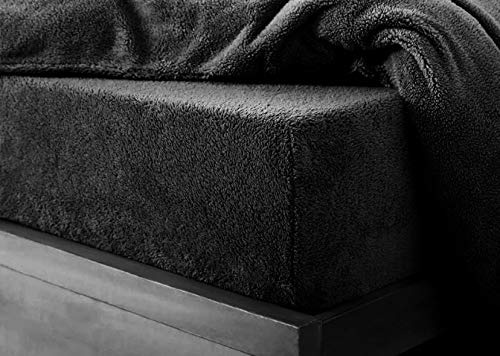 Teddy Bear Fleece Fitted Bed Sheet Extra Deep 30 cm or Duvet Covers Single Double King Super King Size UK (Double, black)