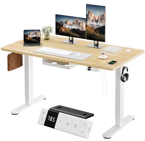 Devoko Bureau Assis Debout Électrique 160×80 cm, 3 Mémoires, USB, Beige | Anti-collision, Roulettes, 70 kg, 72-119 cm, rangement câbles, 2 crochets, certifié 50% recyclé, montage 30 min
