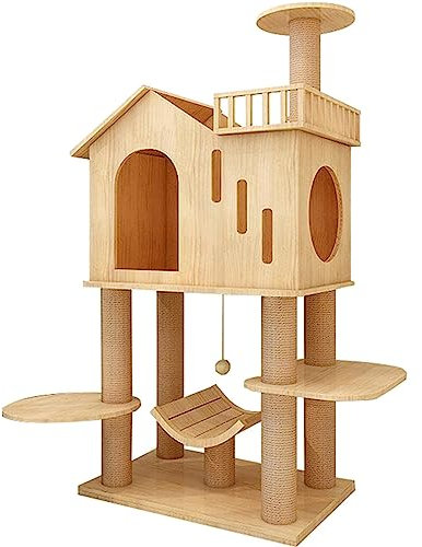 OATTIS Geräumig Kratzbaum aus massivem Holz, moderner Katzenturm, großes Katzen-Klettergerüst, Aktivitätszentrum, Katzenwohnung mit Sisal-Kratzstämmen Hell