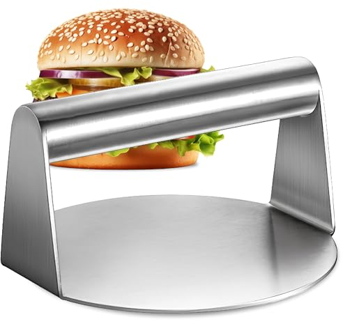 XALVA Stainless Steel Burger Press - Heavy Duty 5.5Inch Burger Smasher for Griddle & Flat Tops - Meat Cooking Accessories - Non-Stick Smooth Griddle Smash Burger Press - Round Hamburger Smasher Tool