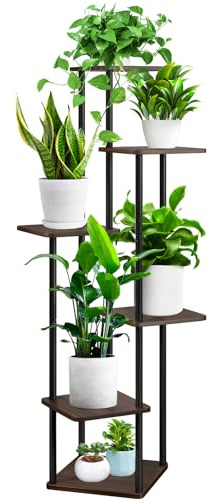 YOCOMEY 6 Niveaux Support de Plante en Métal Bois, Multiple Étagère à Fleurs Support de Pots Fleurs Porte Plantes Interieur, Décoratif Présentoir Étagère de Pots Fleurs pour Salon Balcon(Chêne Noir)