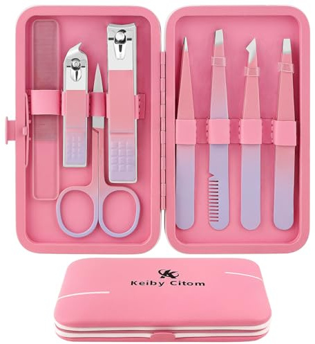 Tweezers Set for Facial Hair Removal Women, 8Pcs Precision Eyebrow Tweezers Nail Clipper Set Eyebrow Plucker Men for Ingrown Hair Removal (Pink)