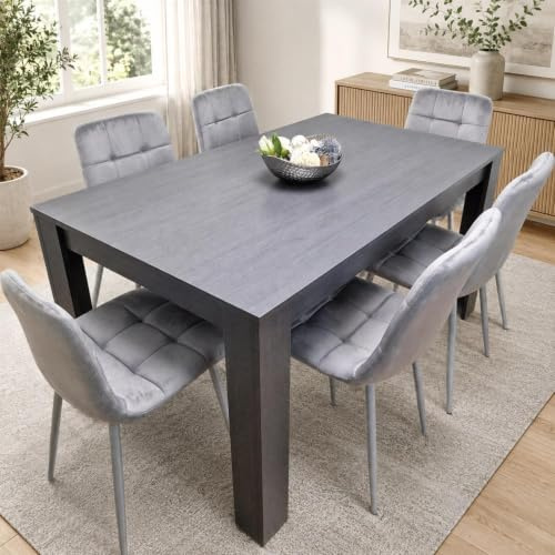 Dining Table and Chairs Set Dark Grey Kitchen Table with 6 Velvet Seater | KOSY KOALA Dining Table and Chairs Set - Dark Grey 6 Seater Kitchen Table with 6 Grey Velvet Dining Chairs - 140 x 80 x 75 cm