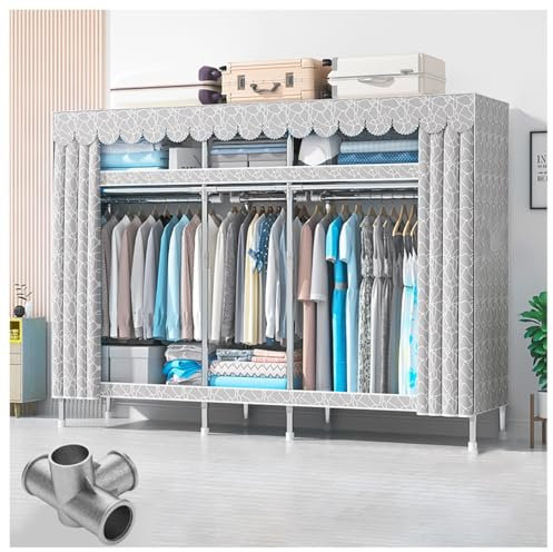 Tragbarer Kleiderschrank mit Abdeckung für Schlafzimmer, Organizer aus Vliesstoff, Aufbewahrung zum Aufhängen von Kleidung, mit Stangen und Ablageflächen (Farbe: Grau -1, Größe: 205 x 45 x 1