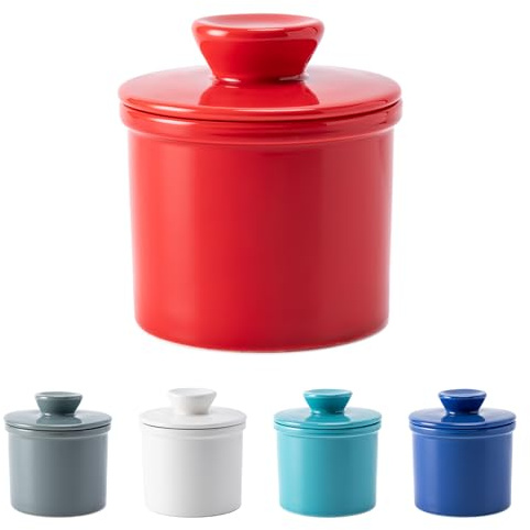Husfunov Mantequera con línea de agua para encimera, mantequillera francesa con tapa, recipiente de mantequilla de cerámica para mantequilla fresca untable, soporte para recipiente de mantequilla para