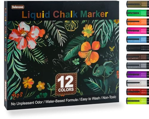 Belenova Liquid Chalk Markers Erasable Set of 12 Colors, Neon Liquid Chalk Pens for Chalkboard, Chalk Markers for Blackboard Fine Tip for Whiteboard, Glass, Windows, Mirrors, Restaurant Menu & Signs.