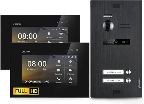 Balter EVO-HD Video Türsprechanlage, Video Türklingel mit Kamera, 2 Familienhaus Klingel, 2X 7 Zoll HD Monitor, Full HD-Kamera, 2 Draht Bus, Gegensprechanlage mit 175° Weitwinkel