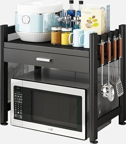 Suixtil 2-3 Tier (with drawer) Microwave Rack Kitchen Organization Vertical Spice Kettle & Pan Microwave Toaster Oven Coffee Machine(Black,Double layer)