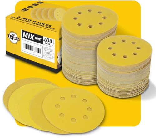 100PCS 125mm 8 Hole Sanding Discs Sandpaper Mixed Grits - Premium Gold Round Hook and Loop for Random Orbital Sander (60, 80, 120, 220, 320 Grit Variety Pack)