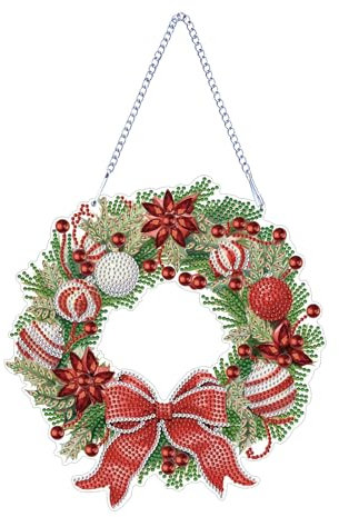 CXINLky DIY Diamond Art Peinture Pendentif Couronne de Noël avec chaîne, Peinture diamant Images de fenêtre, Noël Diamond Painting Kits tentures murales pour fenêtre mur jardin décor-09