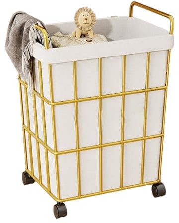 Cesto Ropa Sucia con Ruedas, Carro De Lavandería con Bolsas Extraíbles Bolsa para Ropa Sucia con Estructura De Metal para Almacenamiento Y Transporte De Ropa(Gold,26 * 39 * 56cm)