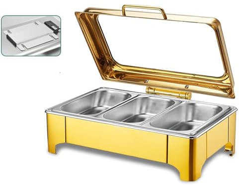 Chafing Dish Gold Piano di Cottura in Acciaio Inox, con Controllo della Temperatura Buffet Elettrico a Tenuta Stagna con Coperchio in Vetro Trasparente(9L/3)