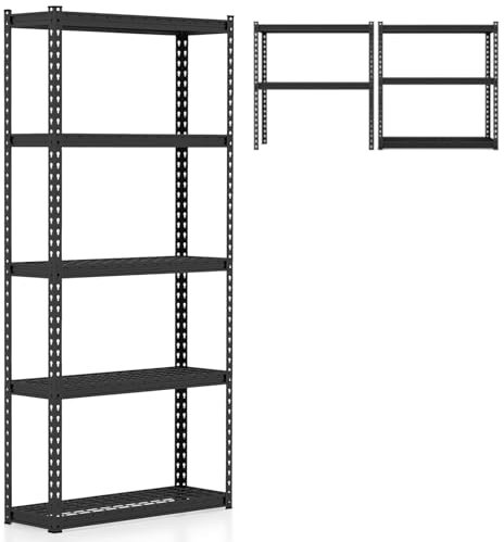 HOMFME Garage Shelving Unit, Heavy Duty Metal Storage Shelves with Anti-tipping Device, Anti-slip Foot Pad, Boltless Storage Racking Shelf for Shed Workshop Warehouse (Black, 5 Tier, 90 x 29 x 183cm)