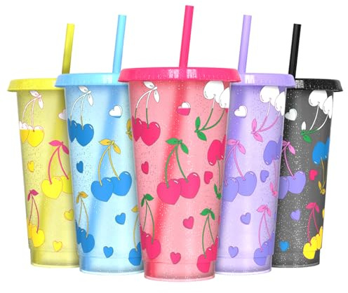 Farbwechselbecher, Trinkbecher mit Deckel und Strohhalm, Wiederverwendbare Kunststoffbecher - BPA-frei, lebensmittelecht, ideal für Eiskaffee, Milchshakes & Smoothies, 5er Set - Kirschherz