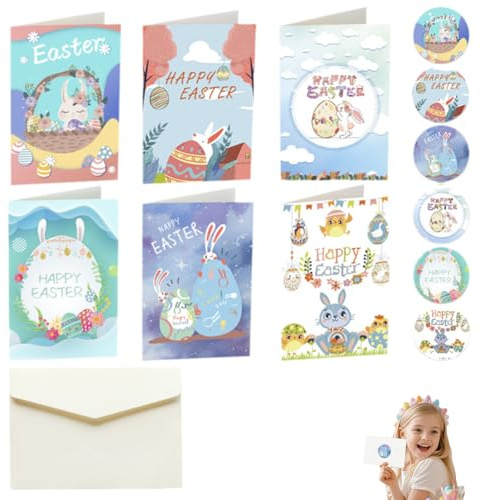 Biglietti Auguri Pasqua Sdamy – Set di 6 Biglietti Pasquali Colorati con Enveloppe e Adesivi, con coniglietto vivace e carino biglietti di auguri di Pasqua busta Perfetti per Auguri di Buona Pasqua