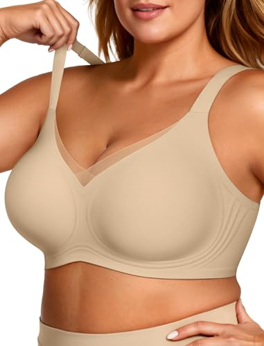 OEAK Dam-BH utan bygel, push-up, sömlös crossover mesh, V-ringad, bysthållare, bygellös, vadderad, slät bh med extra förlängning, Semolina, S