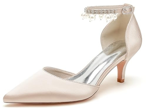 HXTYXCQ Femmes Bout Pointu Escarpins De Mariage avec Perle Bride De Cheville Satin Chaussures De Mariée Talon Chaton Moyen Chaussures De Bal De Fête,Champagne,39 EU