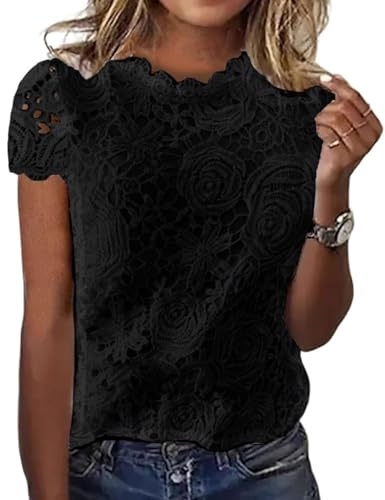 Spitzen Tshirt Damen Sommer, T Shirt Damen V Ausschnitt Stickerei, Kurzarm Shirt Slim Fit Lässig Oberteile Basic Bluse Elegant Long Tunika Tops Freizeit Sommershirts Leicht und Luftig Spitzenshirt