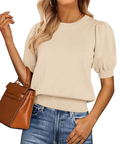 PRETTYGARDEN Womens Sweaters Spring 2026 Summer Puff Short Sleeve Sweater Trendy Cute Knit Work Blouses Business Casual Tops Apricot