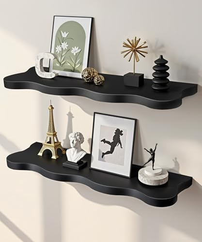 Mazjoaru Wandregal Schwarz 60cm lang, 2 Set Wandboard aus massivem Holz, Wellenform Design Wanddeko & Modern Schweberegal für Wohnzimmer, Schlafzimmer, Küche & Flur