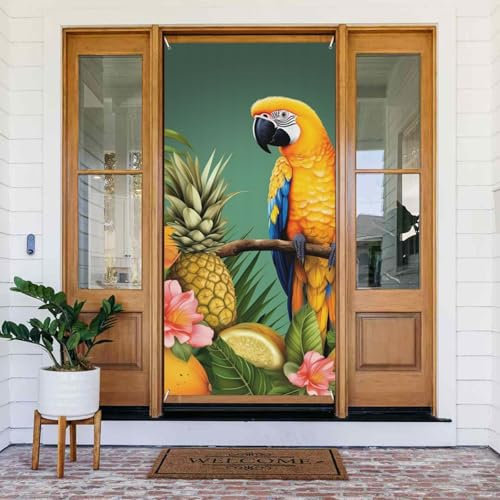 Türabdeckung für den Sommer, Papagei, Ananas, Vogel, saisonale Türdekoration, Willkommens-Frühlingstürabdeckungen, Veranda, Banner, Schild, Foto-Hintergrund für Innen- und Außenbereich, 180 x 80 cm