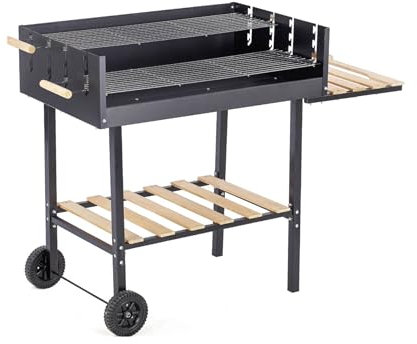 MA MAISON Barbecue Rettangolare Nero Con Struttura In Acciaio E Ripiani In Legno - Giardino, Multifunzione, Terrazzo, Campeggio, Trasportabile, Griglia -BBQ con Ruote (Rettangolare - 126x56x92h cm)