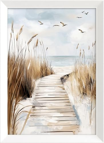 STYLER Wandbild Coastal Path 50 x 70 cm – Gerahmtes Bild in Beige Blau Weiß – Dünenpfad und Seegras auf MDF mit Elegantem Rahmen