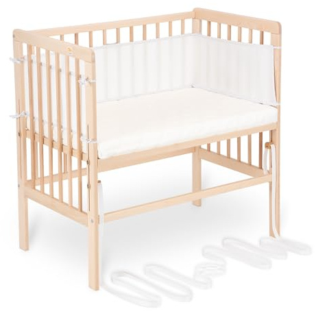 FabiMax Baby Beistellbett für Boxspringbetten, stufenlos höhenverstellbar, Buchenholz massiv, Natur (Matratze Classic, Weiß/Punkte)