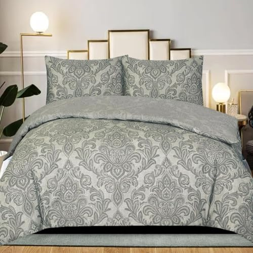 B&B Duvet Cover Set King Size, 100% Rich Cotton Comforter Cover Bedding Sets - Soft, Thick Anti-Allergy Printed Quilt Covers with 2 Pillow Shams (Damask Grey)