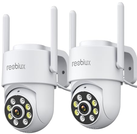 Reobiux Camara Vigilancia WiFi Exterior,2K Impermeable WiFi 2,4 GHz,PTZ 360°,Detección de Movimiento,Visión Nocturna,Audio Bidireccional,Seguridad para Hogar,Garaje y Jardín,5m Cable