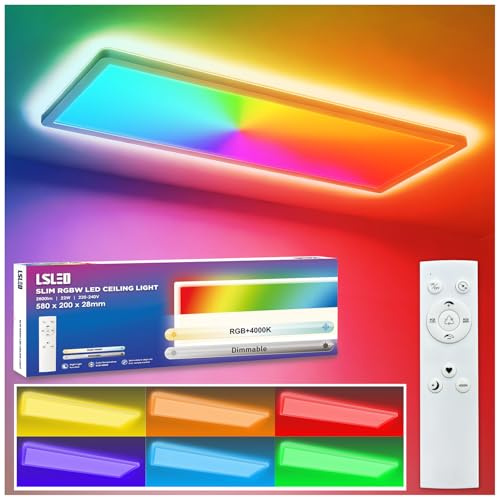 L5L3D LED Deckenleuchte mit Fernbedienung, 58x20 cm RGB+4000K 24W Farbwechsel, 2800 Lumen, IP44 Wasserdicht, Speicherfunktion & Nachtlicht, Deckenlampe für Spielzimmer Schlafzimmer Küche