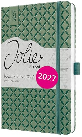 SIGEL Jolie Wochenkalender 2027 A5 grün Hardcover Terminplaner | 7J135, Mit Gummiband, Stiftschlaufe, Einstecktasche, 174 Seiten, vegan, Buchkalender, Taschenkalender