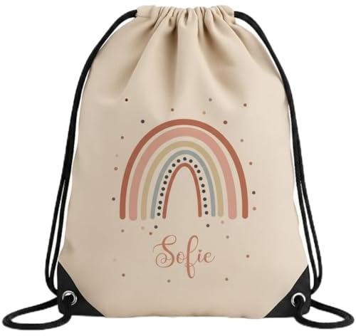 smartaini Turnbeutel mit Namen, Sporttasche Kinder, personalisierter Jutebeutel, Sportbeutel für Kita, Schule & Kindergarten (33x45cm) Stoffbeutel mit Kordelzug (Regenbogen)