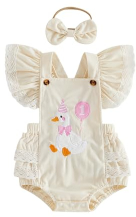 HZPHQY Baby Girl 1st Birthday Outfit Flutter Sleeves Goose Embroidery Romper Bodysuit Toddler Summer Jumpsuit (A Ivory One Goose, 6-12 Months)