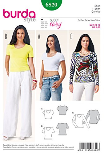 burda easy Papier-Schnittmuster Damen T-Shirt mit verschiednen Ärmellängen #6820 Gr. 32-46