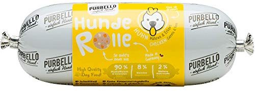 PURBELLO Hunde-Rolle Huhn mit Möhren & Erbsen - Monoprotein Hundefutter mit hohem Fleischanteil - Nassfutter für Hunde - Hundewurst schnittfest & getreidefrei - 8 x 200 g
