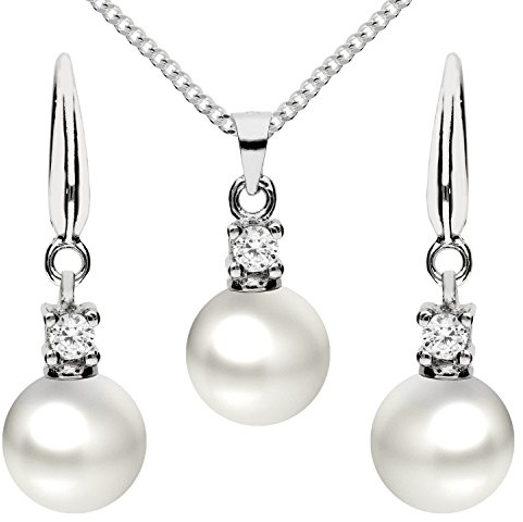 MYA art Damen Schmuckset 925 Silber Zirkonia mit Perlen Anhänger Halskette Perlenohrringe Perlenkette Kette Ohrringe Hängend Set MYASIKET-79