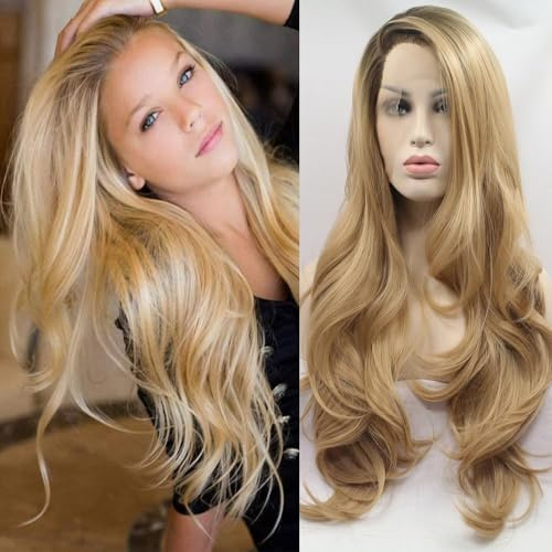 Xiweiya peruk, lång, naturliga vågor, ombréstil, brun/blond, syntetisk spets, sidodel, värmebeständig fiber, för kvinnor 61 cm