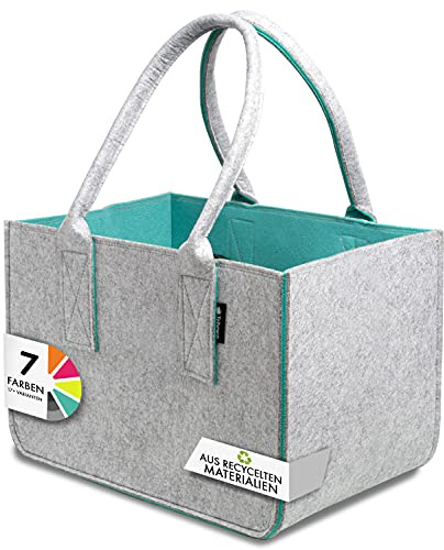 Sac de courses en feutre, grand sac de courses avec anse, panier à provisions, sac pliable pour le rangement du bois, sac de transport polyvalent également pour jouets, couleur gris/turquoise