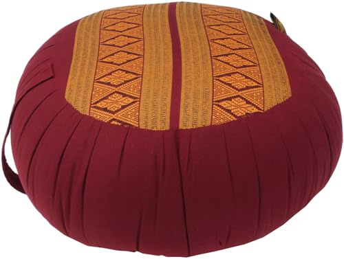 Rundes Meditationskissen, Yoga Kissen, Sitzkissen, vegan, rot/orange | Kapokfüllung für hohen Sitzkomfort, feste Stopfung, Trageschlaufe, umweltfreundlich, nicht tierische Rohstoffe.