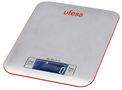Ufesa BC1550 Balance de Cuisine Digitale, de 1g à 5kg, Précision 1g, Acier Inoxydable, Nettoyage Facile, Argent, Rouge