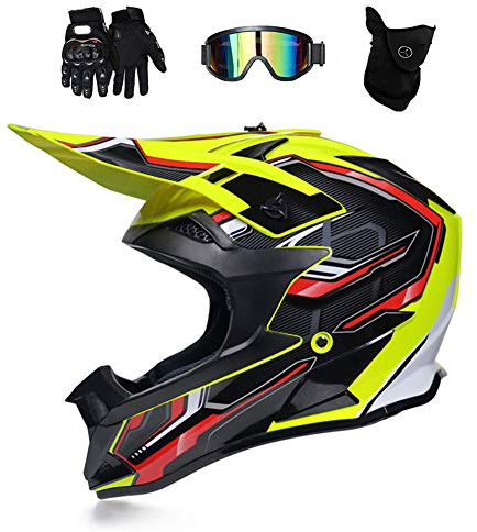 Motocross Helm mit Brille/ Handschuhe/ Maske, Motorrad Crosshelm Fullface Enduro MTB Helm Cross Helm Motorradhelm Damen Herren, 4 Stile Verfügbar,Gelb,L