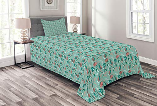 ABAKUHAUS Rose Tagesdecke Set, Pastell Romantische Blumen-Kunst, Set mit Kissenbezügen Klare Farben, für Einzelbetten 170 x 220 cm, Coral Jade-Grün und Seafoam