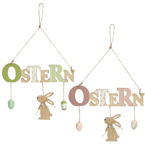 COM-FOUR® 2x Türschild Ostern - Deko-Schild aus Holz für Ostern - Osterdeko mit Hasen und Ostereier - Zum Aufhängen an Haustüren, Wände, Fenster (grün/rosa - 2 Stück)