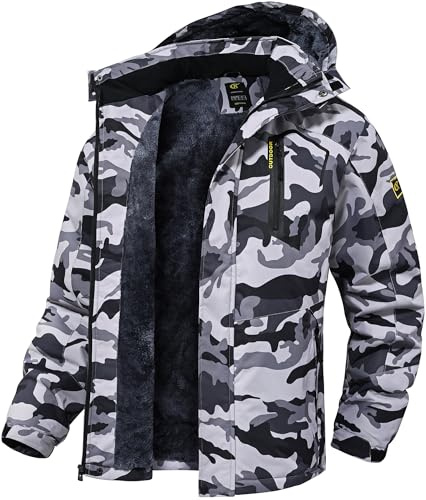 QPNGRP Mens Waterproof Ski Snowboard Jacket Windproof Winter Snow Coat Camo Gray/White Large