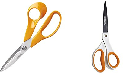 Fiskars Küchenschere, Gesamtlänge: 18 cm, Qualitätsstahl/Kunststoff, Classic, 1000819 & Antihaft-Universalschere, Länge: 21 cm, Weiß/Orange, 1004721